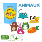 Kit de Couture Enfants "ANIMAUX" avec adorables découpes en feutrine d'animaux et carottes, idéal pour créer votre propre Porte-clés à Faire Soi-Même. Ciseaux et aiguilles offerts pour l’achat de deux kits !.