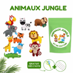 Un kit de couture intitulé "Animaux Jungle" comprenant des figurines d'animaux de la jungle en feutre, des outils de couture Kit de Couture Enfants, une pochette verte et un Porte-clés à Faire Soi-Même. Le texte indique « Gratuit à partir de 2 kits.