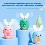 Trois U-Brosse, notre brosse à dent en forme de U révolutionnaire pour les enfants, sont exposées sur des plateformes bleues avec un texte en français vantant un brossage facile pour les petits.