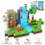 Mine Blocks - L'univers virtuel dans la vie réelle : un ensemble de construction de blocs 3D avec une maison, une cascade, des arbres, des animaux, un personnage, une fiche d'instructions et des icônes montrant les avantages éducatifs reliant les mondes virtuel et réel.