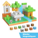 L'ensemble Mine Blocks - L'univers virtuel dans la vie réelle comprend des blocs de construction magnétiques disposés pour imiter un paysage pixelisé avec des arbres, des maisons et un ruisseau, apportant le charme du monde virtuel dans la vie réelle.