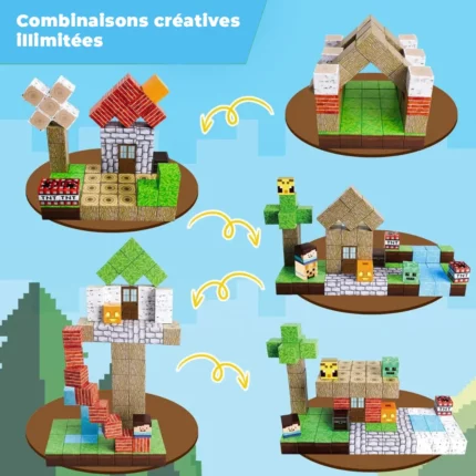 Quatre structures uniques, construites à partir d'éléments de style Mine Blocks, démontrent des combinaisons créatives ; trois flèches illustrent les transformations entre les designs dans "Mine Blocks - L'univers virtuel dans la vie réel".