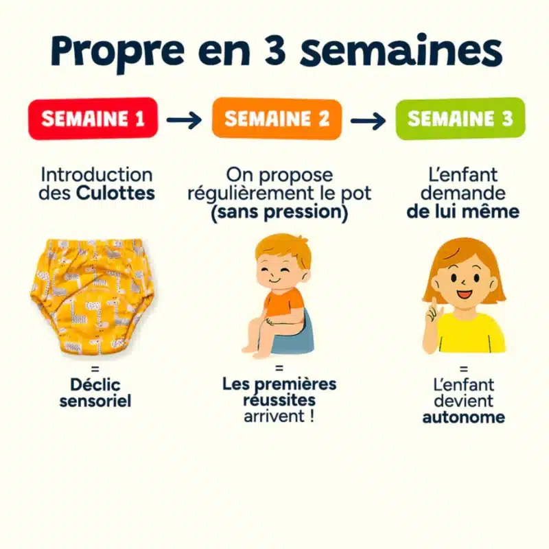Infographie expliquant un processus d'apprentissage de la propreté en trois semaines avec des illustrations : semaine 1 - introduction des sous-vêtements, semaine 2 - pratique régulière de la propreté, semaine 3 - l'enfant demande de manière indépendante.