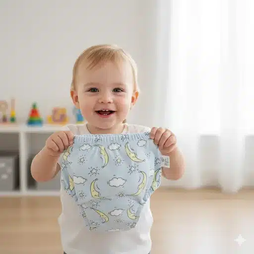 Un bambin souriant se tient à l'intérieur et brandit une culotte d'apprentissage ornée d'un motif de lune et de nuages.