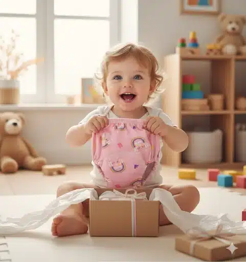 Un bébé souriant est assis sur le sol et tient une couche rose avec des motifs arc-en-ciel, à côté d'un paquet cadeau ouvert dans une salle de jeux avec des jouets et des animaux en peluche à l'arrière-plan.