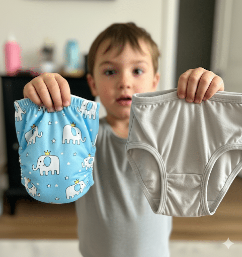 Un enfant tient dans une main une couche bleue avec des empreintes d'éléphants et dans l'autre une paire de sous-vêtements d'entraînement gris unis.