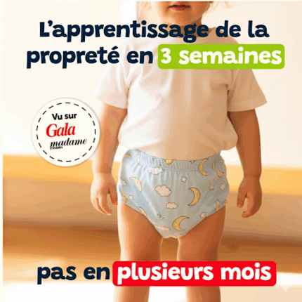 Un bambin porte la Culotte d'apprentissage de la propreté - La couche humide qui ne déborde pas à l'intérieur. Le texte français met en avant l'apprentissage de la propreté en seulement trois semaines, bien plus rapidement que les quelques mois habituels.