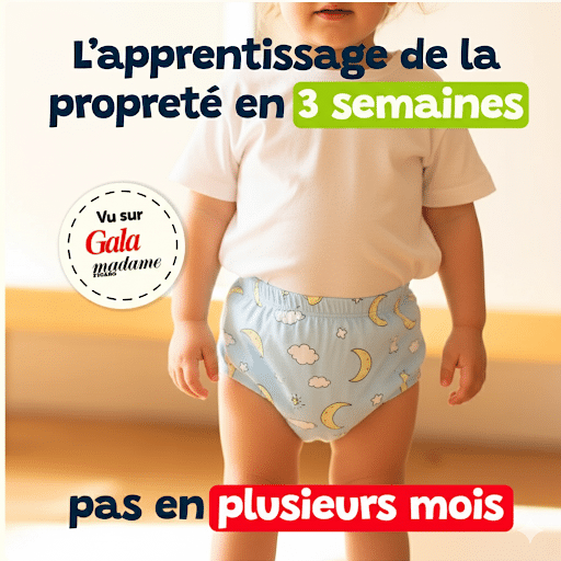 Un bambin porte la Culotte d'apprentissage de la propreté - La couche humide qui ne déborde pas à l'intérieur. Le texte français met en avant l'apprentissage de la propreté en seulement trois semaines, bien plus rapidement que les quelques mois habituels.