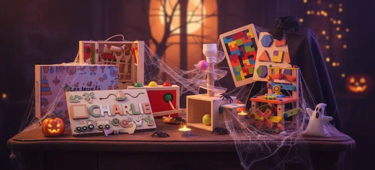 Une table présente des jeux Montessori en bois colorés, des décorations d'Halloween, des toiles d'araignée, de petites citrouilles et une figurine de fantôme, avec une fenêtre effrayante et la pleine lune en arrière-plan.